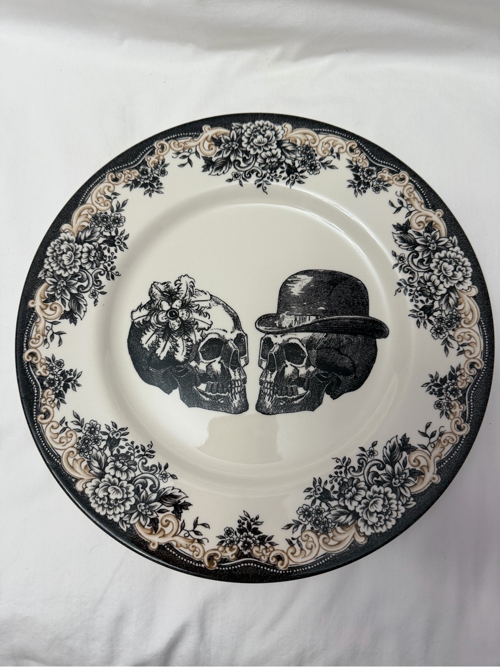 Stafford Black and Cream Skull Couple Dinner Plate Halloween Spooky Dead 11”